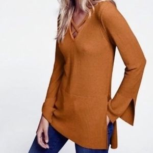 Free People Criss Cross V-Neck Tunic Sweater Dress Brown M Long Sleeve Knit Slit